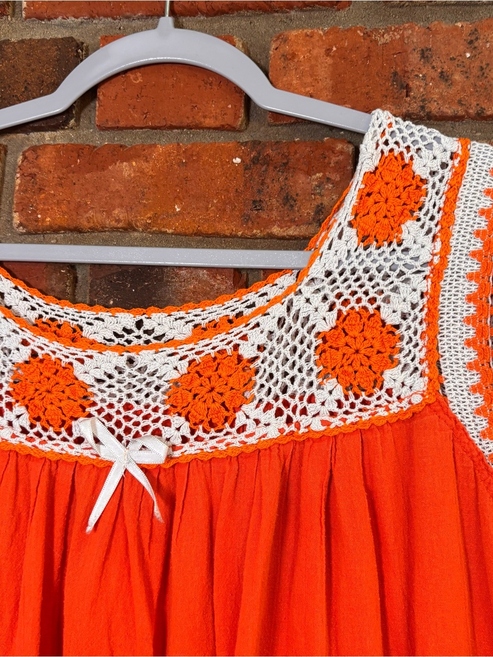 Womens 70’s mexican Huipil boho crochet babydoll dress orange L - Picture 3 of 4